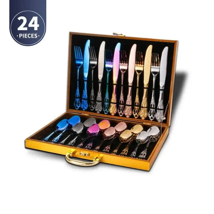 bM1vGoldenStainlessSteelCutlerySetLuxuryCompleteDinnerwareSetRoyalSpoonForksEuropeanGif