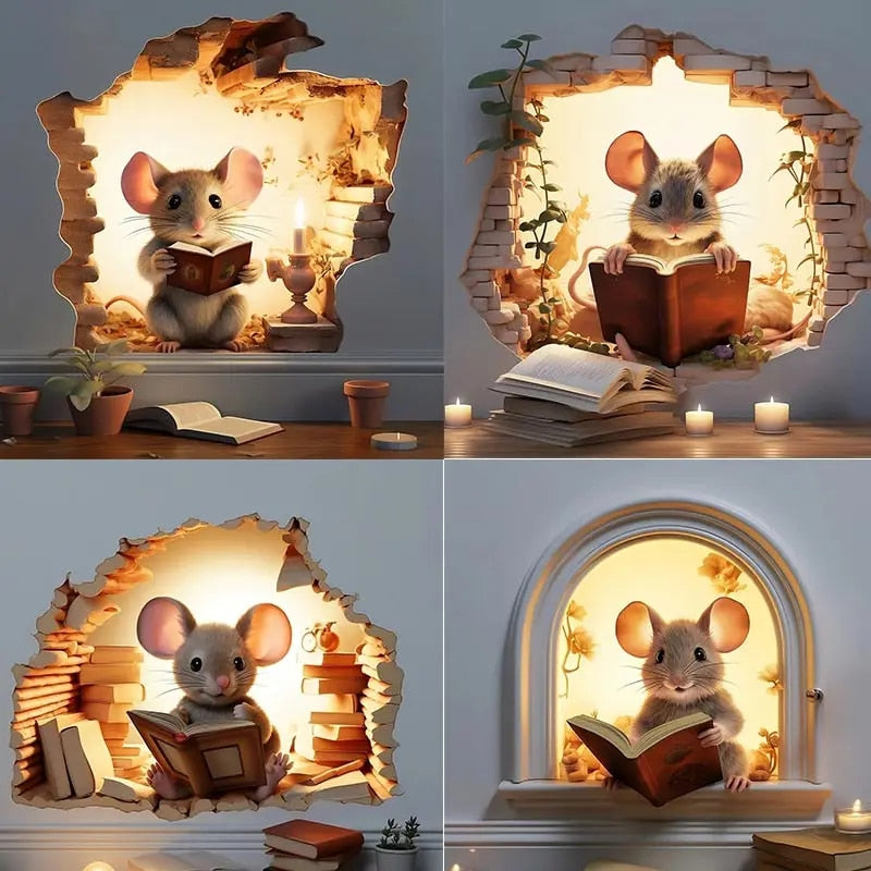 M736 Mouse Hole Wall Sticker: Vinyl Decal for Book Lovers, Cute Mouse Decor