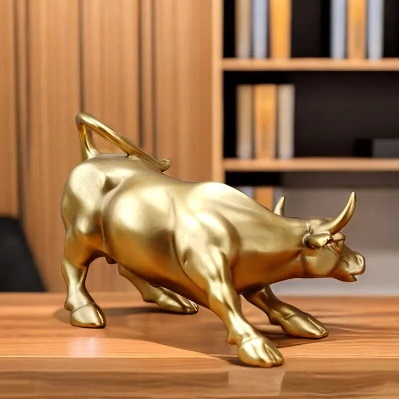 Wall Street Bull Market Resin Feng Shui Fortune Statue Wealth Figurines Office Desktop Decor