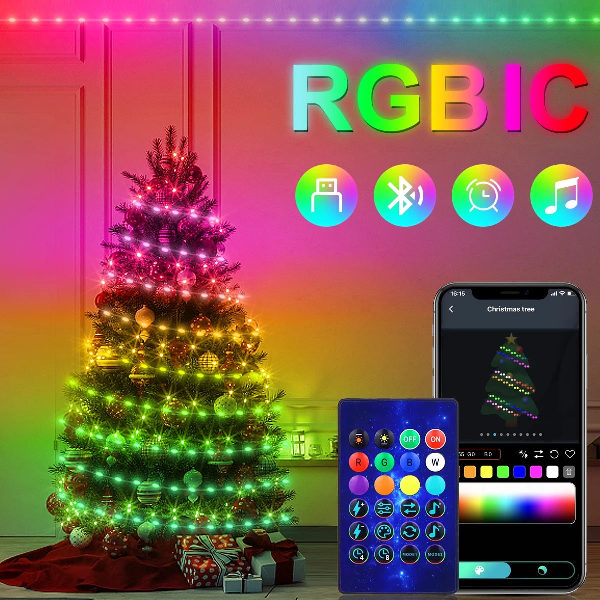 20M Dream Color USB 5V LED String Light Bluetooth Music APP RGBIC Addressable Fairy Lights Birthday Party Garland Christ