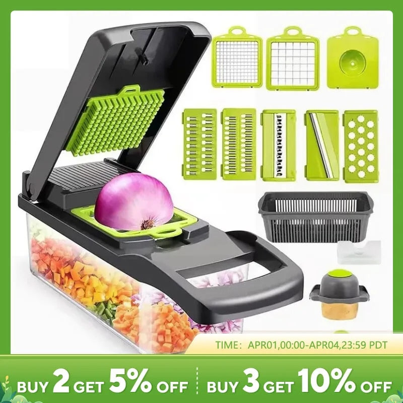 12-in-1 Vegetable Slicer Cutter with Basket - Green/Black