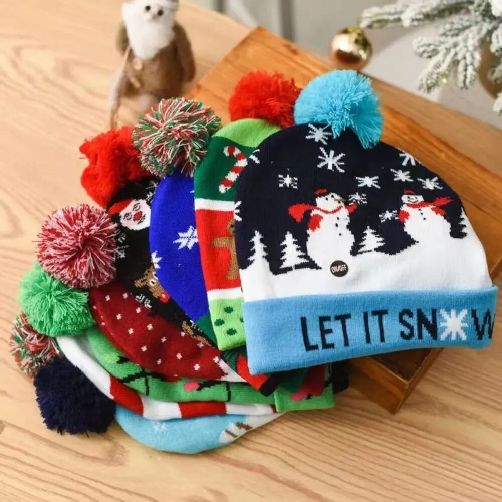 j6DENewYearLEDChristmasHatSweaterKnittedBeanieChristmasLightUpKnittedHatChristmasGift