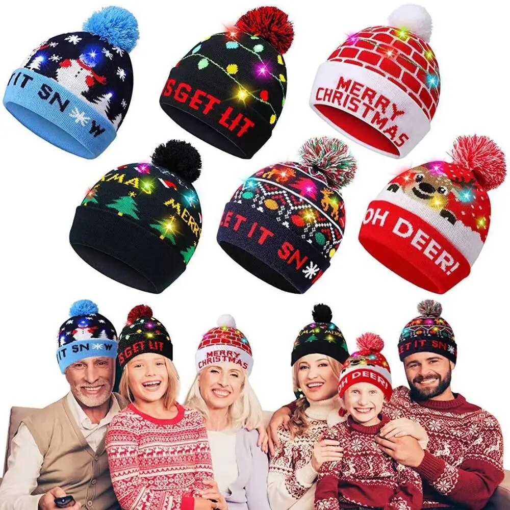 NwgNNewYearLEDChristmasHatSweaterKnittedBeanieChristmasLightUpKnittedHatChristmasGift