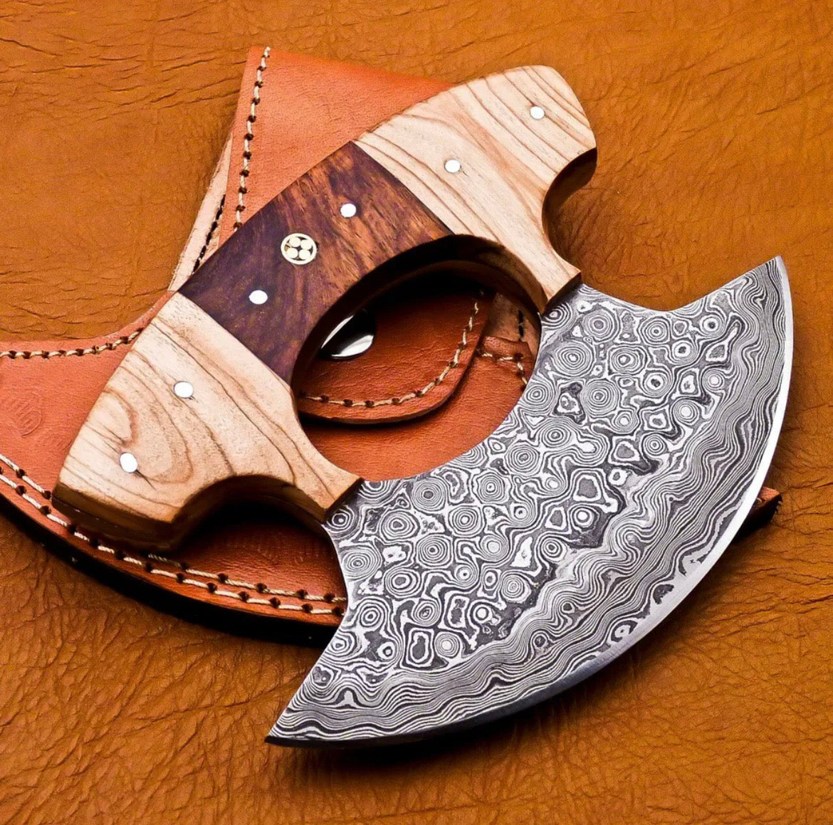 Handmade Damascus steel ulu knife pizza cutter