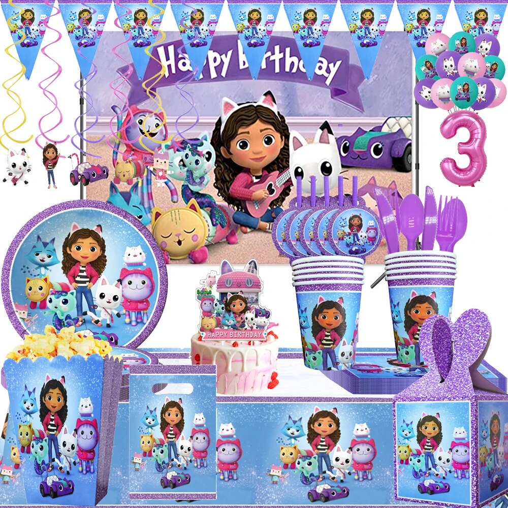 Gabby Dollhouse Cats Birthday Party Supplies: Decoration, Balloon, Tableware & Backdrop