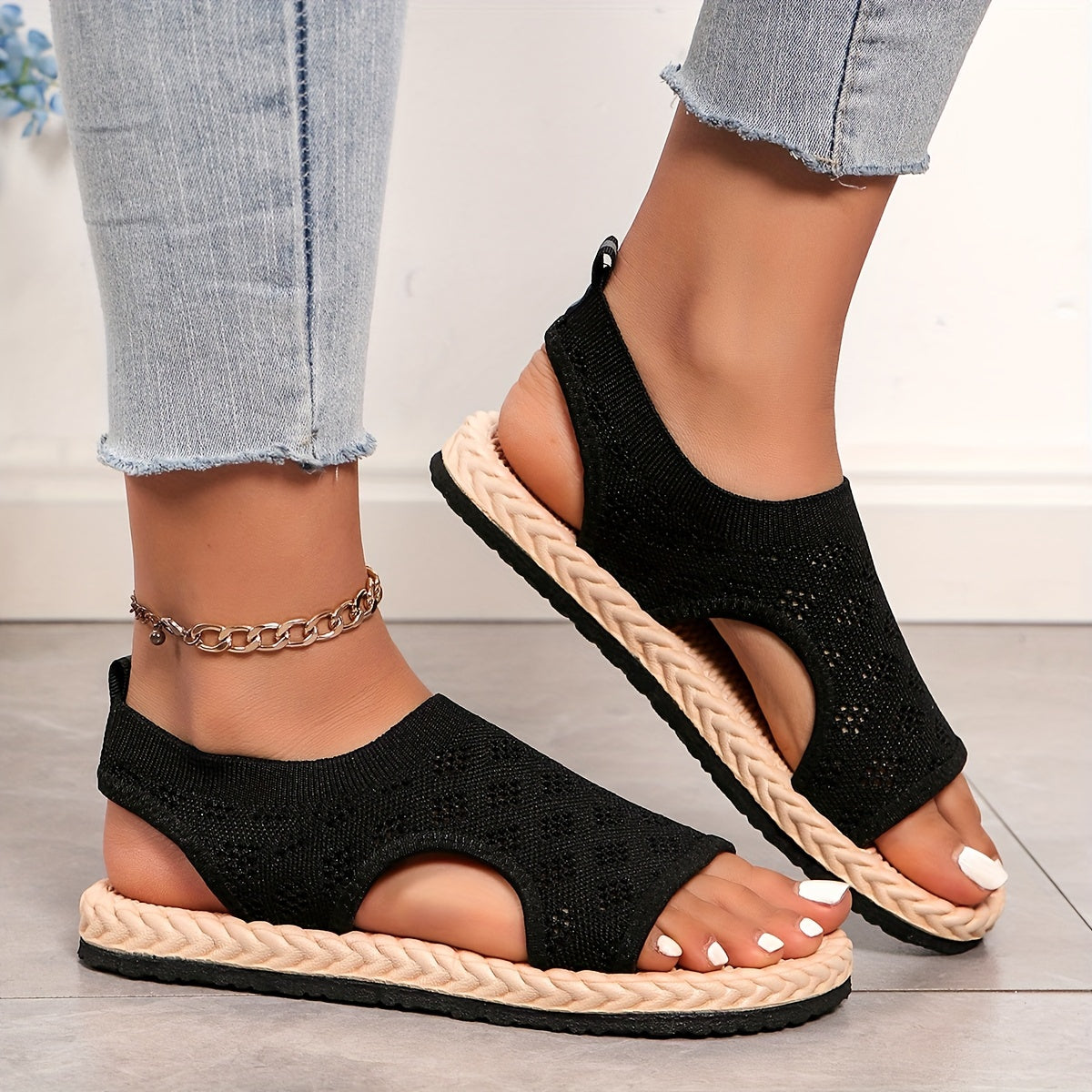 Women's Breathable Knit Flat Sandals - Casual Open Toe Summer Shoes - Lightweight Slip On Sandals
