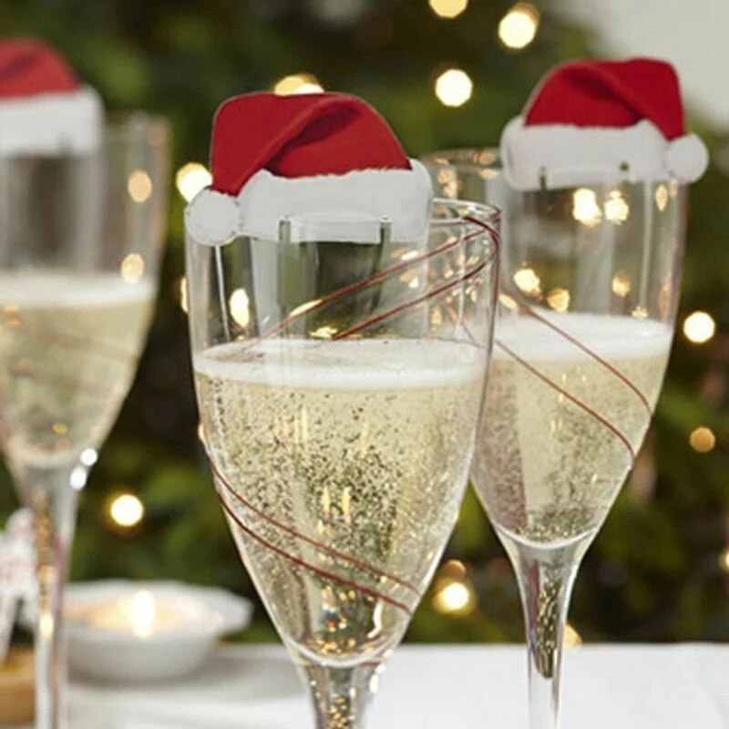 "10PCS Christmas Cup Card Santa Hat Wine Glass Decor Ornaments - Navidad Noel New Year Gift & Decorations "