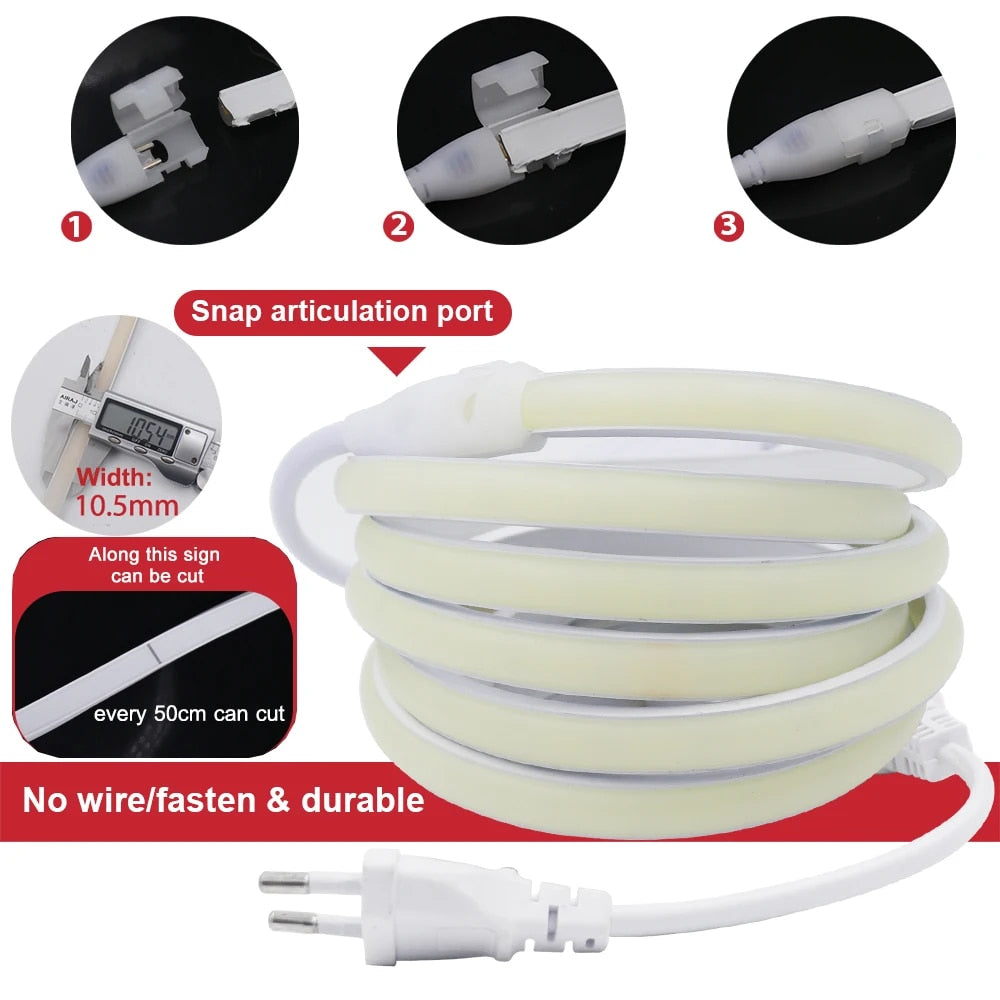 COB LED Neon Strip Light Waterproof 220V EUUK Plug 288LEDsm RA90 Flexible Tape for Outdoor Garde