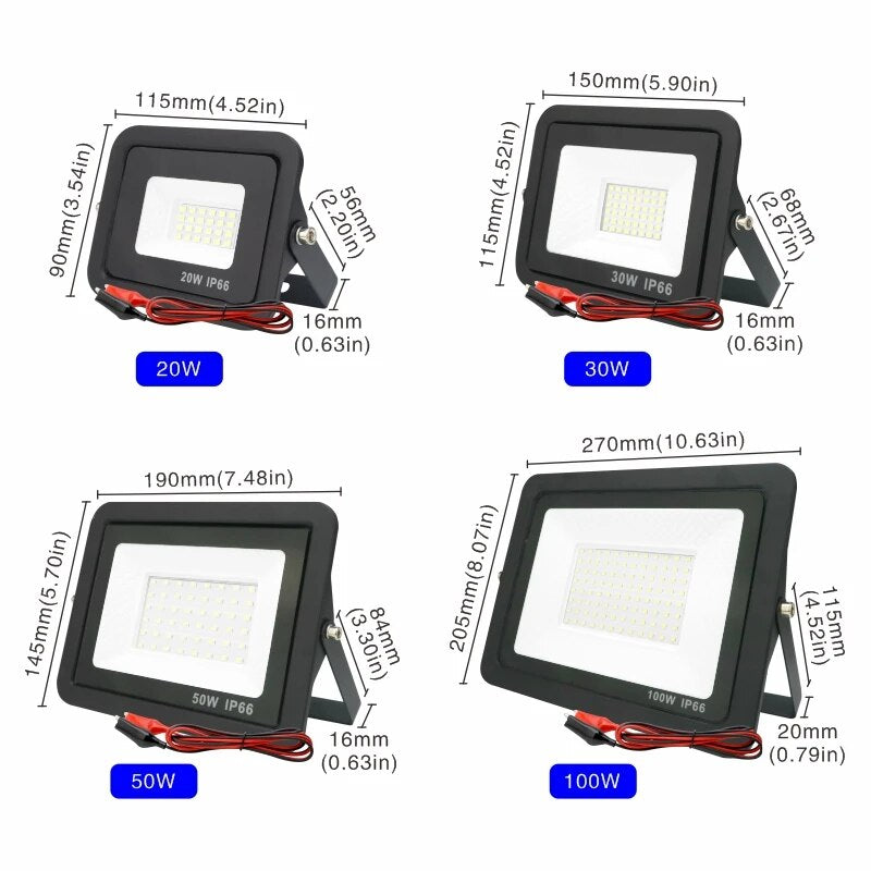 DC12V LED Flood Light: 20W-100W Outdoor Spotlight, Waterproof IP66, Portable 12 Volt LED Lights