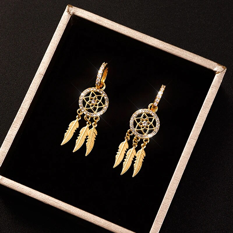 14k Gold Feather Drop Earrings for Women | High Quality Jewelry with AAA Zircon | Trendy & Exquisite Fine Gift for Parti