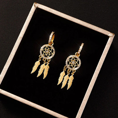 14k Gold Feather Drop Earrings for Women | High Quality Jewelry with AAA Zircon | Trendy & Exquisite Fine Gift for Parti