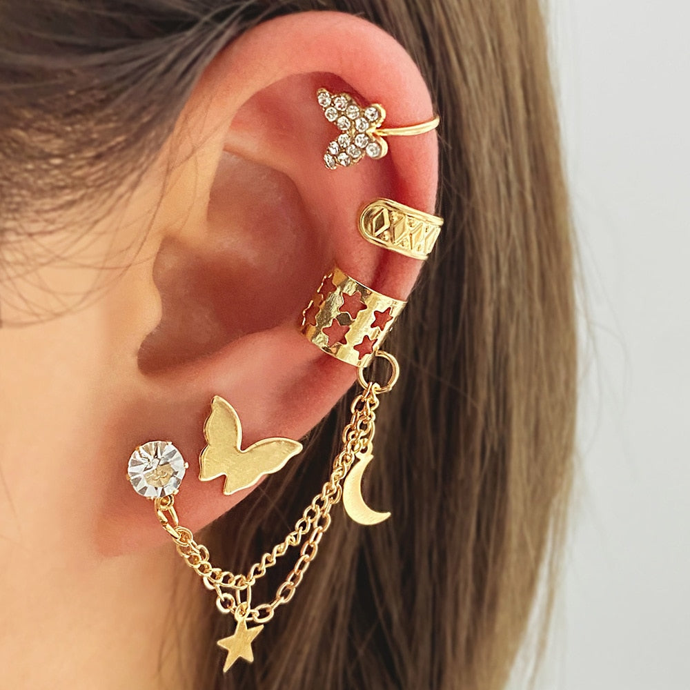 2KyxGoldSilverColorLeavesClipEarringsforWomenCreativeSimpleCButterflyEarCuffNonPierci