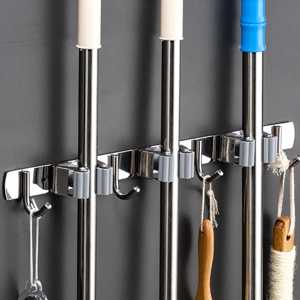 Broom Hook Holder Wall Mount, Stainless Steel Mop Organizer for Kitchen, Bathroom, Garage, Closet, Garden Storage