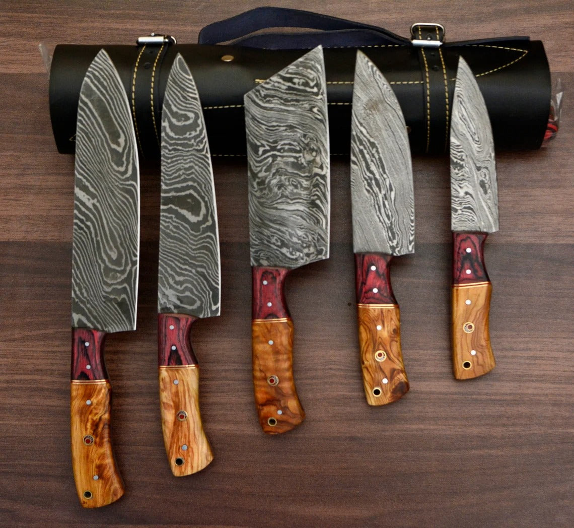 Premium Hand Forged Damascus 5 Piece Chef Kitchen Knife Set