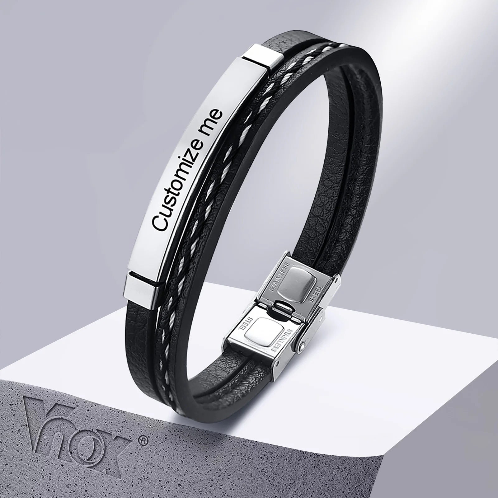 Vnox Multi Layer Leather Bracelets, Customizable Engraved Stainless Steel Bangle for Men & Women