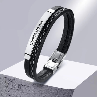 Vnox Multi Layer Leather Bracelets, Customizable Engraved Stainless Steel Bangle for Men & Women