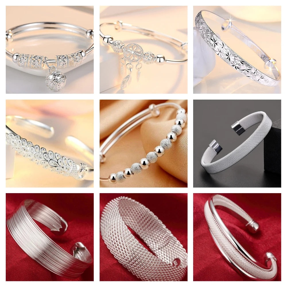 925 Sterling Silver Heart Open Bangles for Women - Fine Adjustable Cuff Bracelet Charms, Ideal Wedding Gift &
