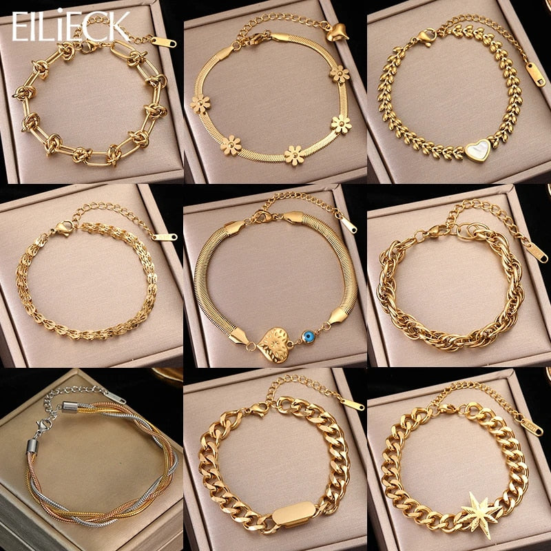 Stainless Steel Gold Bracelet for Women: Simple Link Chain Bangle, Trendy Non Fading Fashion Jewelry Gif