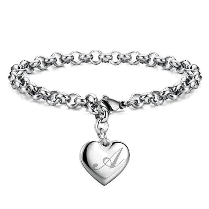 925 Sterling Silver 26-Letter Chain Bracelet: Heart Charm for Women & Men - Cute Personalized Wedding Jewelry Gift