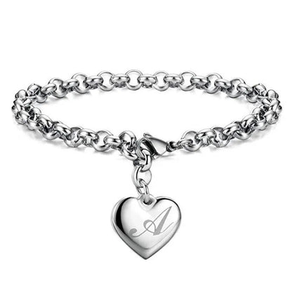 925 Sterling Silver 26-Letter Chain Bracelet: Heart Charm for Women & Men - Cute Personalized Wedding Jewelry Gift