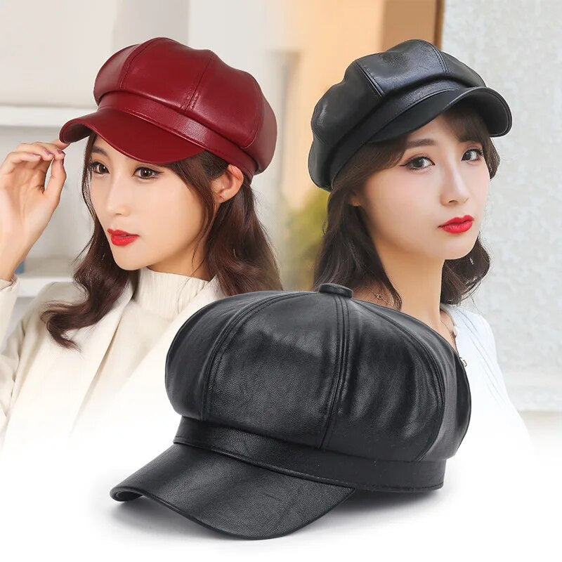 JaVdNewWomenPULeatherBeretsCapHatBlackRedOutdoorAdjustableFemaleAutumnWinterCasualLad