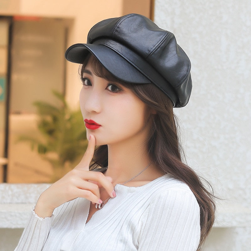 8956NewWomenPULeatherBeretsCapHatBlackRedOutdoorAdjustableFemaleAutumnWinterCasualLad