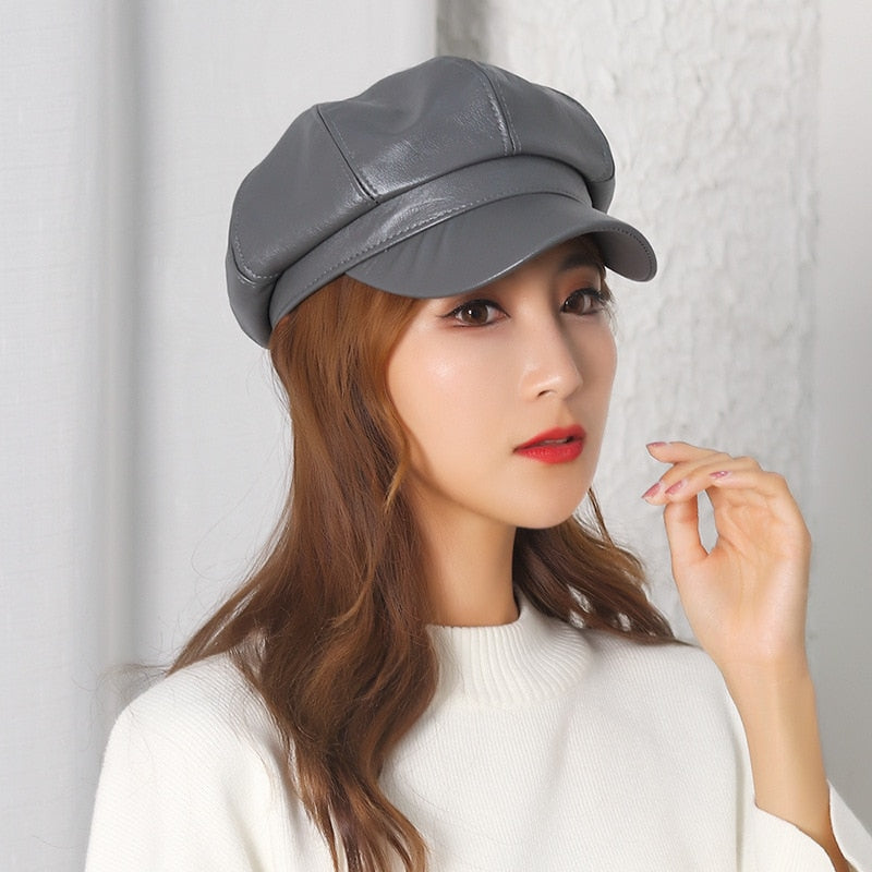 RO2PNewWomenPULeatherBeretsCapHatBlackRedOutdoorAdjustableFemaleAutumnWinterCasualLad