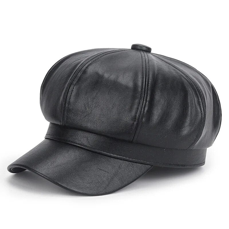 YL57NewWomenPULeatherBeretsCapHatBlackRedOutdoorAdjustableFemaleAutumnWinterCasualLad