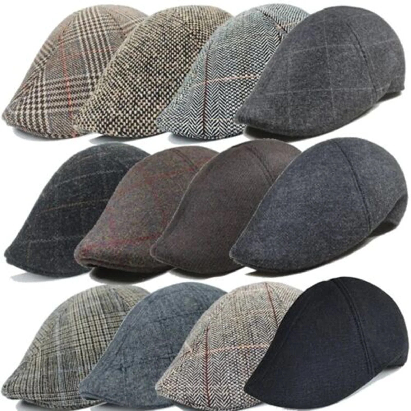 Mens Tweed Flat Cap - Gatsby Baker Boy Hat, Herringbone Newsboy, One Size with Fast Shipping 2023