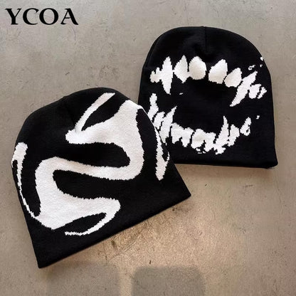 Winter Fashion: Unisex Y2K Streetwear Beanie Hats, Goth Tooth Caps, Kpop Harajuku Vintage Knits for Men & Women
