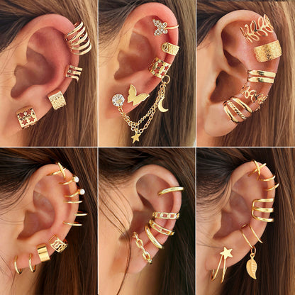 Creative Gold & Silver Leaf C Butterfly Ear Cuff Set for Women - Trendy Non-Piercing Clip Earrings