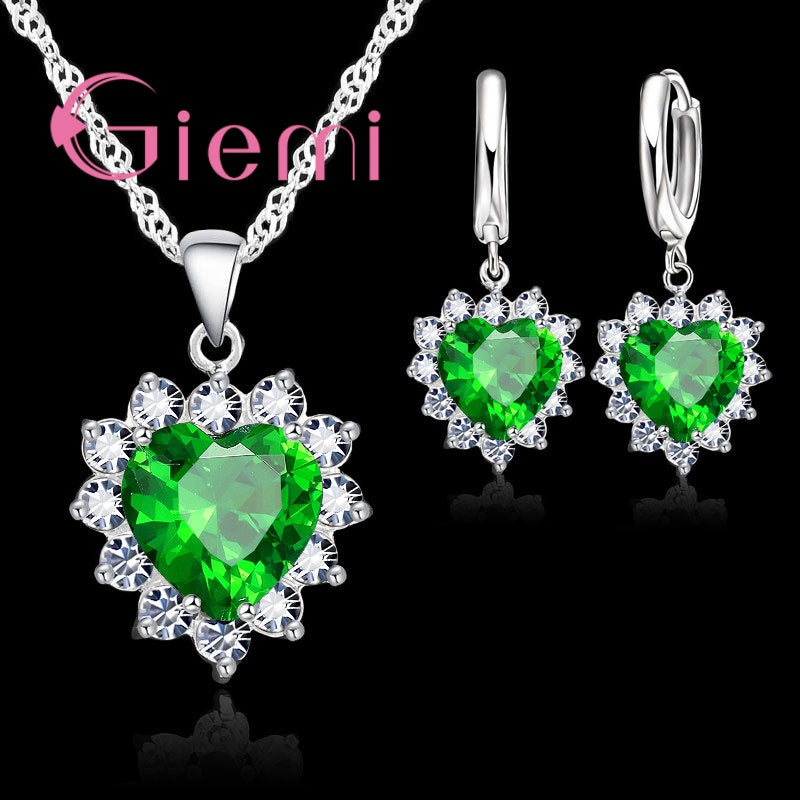 PO72TrueLove925SterlingSilverJewelrySetsForWeddingWomenCubicZirconiaPendantNecklaceEar