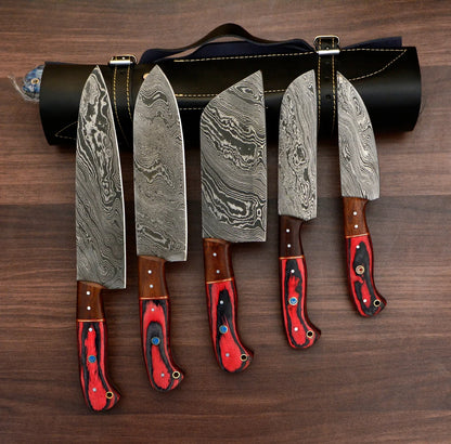 Damascus Steel Kitchen Knife Set Complete 5 Pieces knife Collection