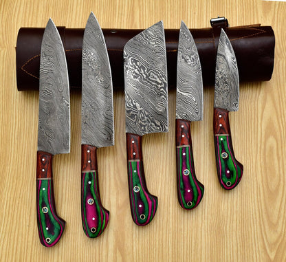 Custom Hand Forged Damascus Kitchen Knife Set - 5 Pieces Knife Set