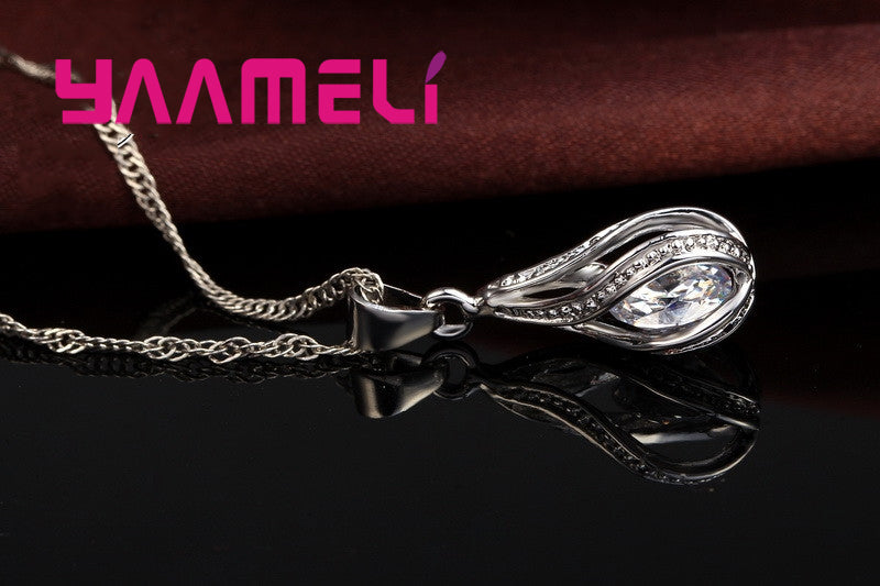 DV0fHotWaterDropCZ925SterlingSilverJewelrySetForWomenPendantNecklaceHoopEarringsWeddi