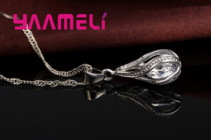 DV0fHotWaterDropCZ925SterlingSilverJewelrySetForWomenPendantNecklaceHoopEarringsWeddi