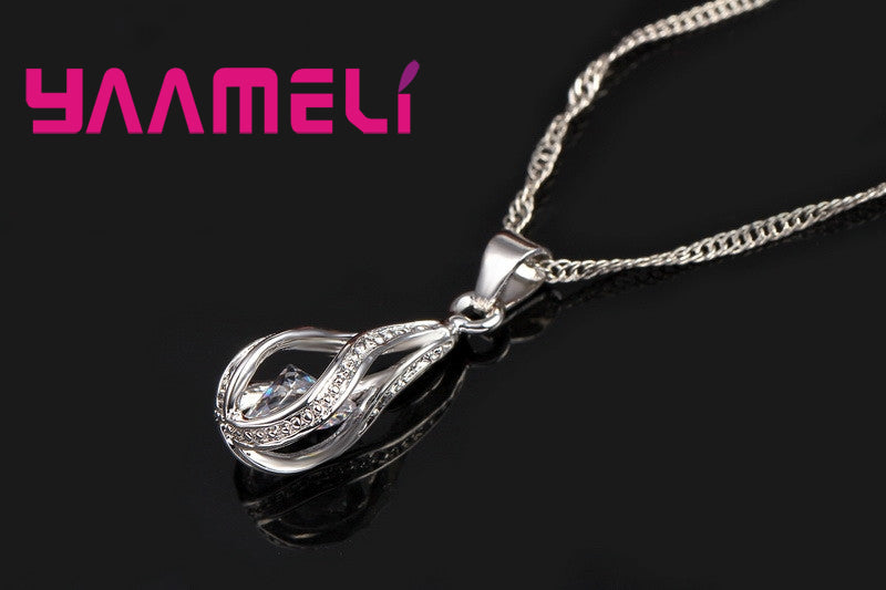 ZeCUHotWaterDropCZ925SterlingSilverJewelrySetForWomenPendantNecklaceHoopEarringsWeddi