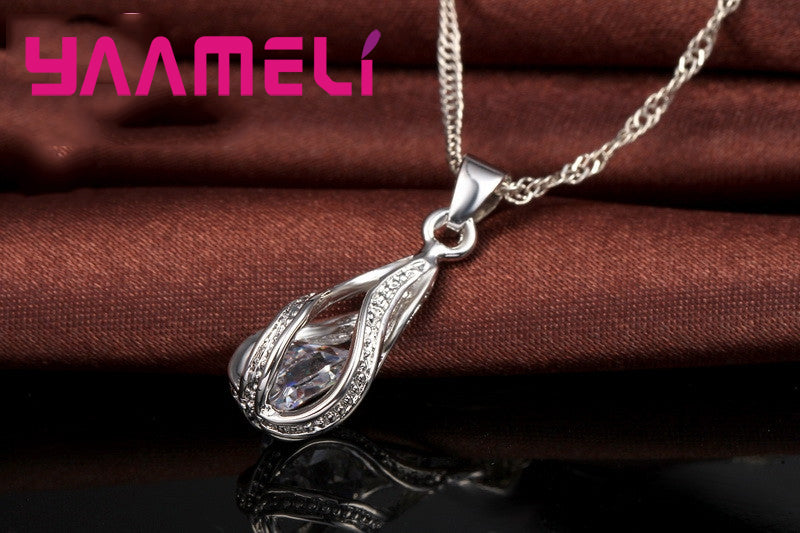 xy9EHotWaterDropCZ925SterlingSilverJewelrySetForWomenPendantNecklaceHoopEarringsWeddi