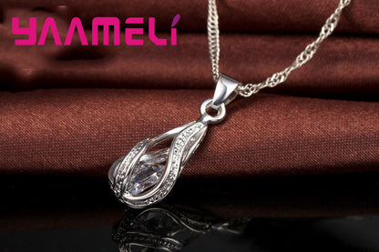 xy9EHotWaterDropCZ925SterlingSilverJewelrySetForWomenPendantNecklaceHoopEarringsWeddi
