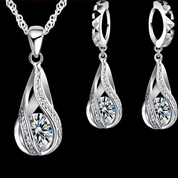 93umHotWaterDropCZ925SterlingSilverJewelrySetForWomenPendantNecklaceHoopEarringsWeddi