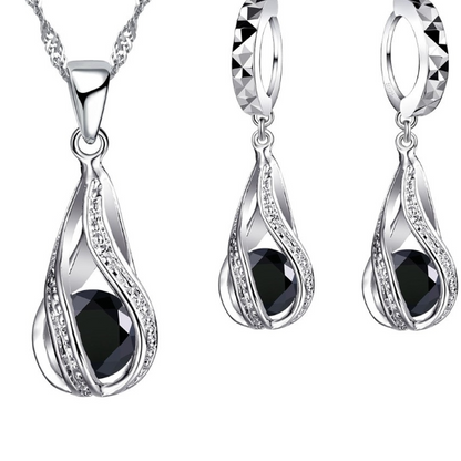 925 Sterling Silver Jewelry Set: Hot Water Drop Pendant Necklace & Hoop Earrings for Women - Wedding Party and Ceremony