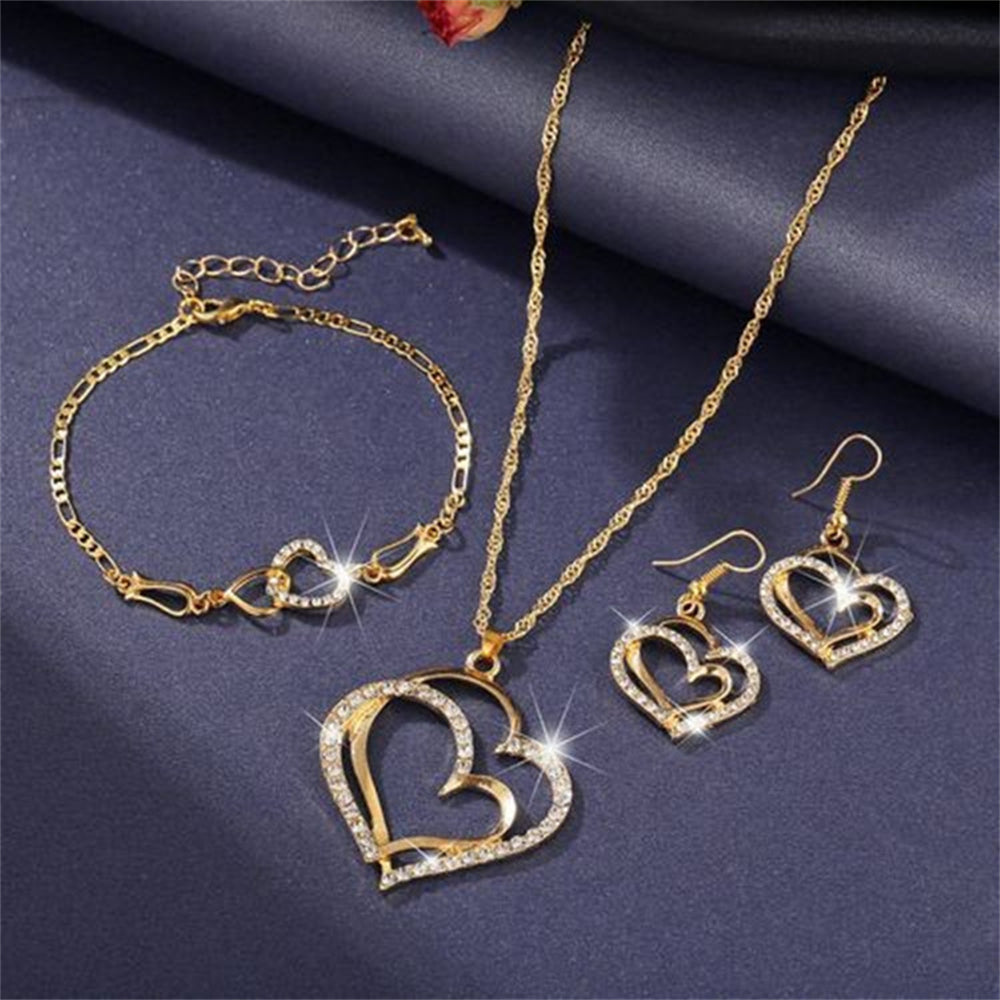 Double Heart Jewelry Set: Exquisite Necklace, Earrings & Bracelet - Romantic Bridal Fashion & Gifts for Her