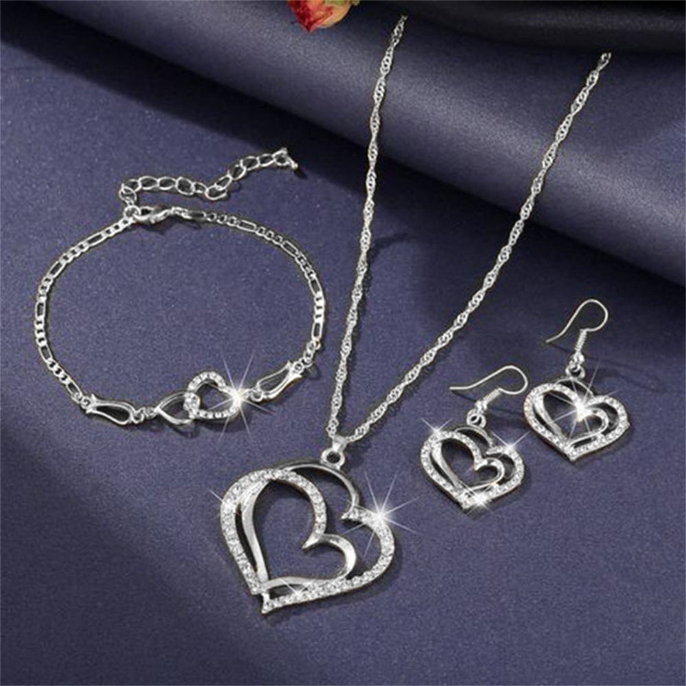 7koYExquisiteDoubleHeartNecklaceEarringsBraceletJewelrySetCharmLadiesJewelryFashionBrida