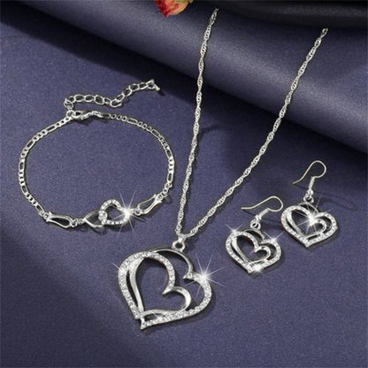 7koYExquisiteDoubleHeartNecklaceEarringsBraceletJewelrySetCharmLadiesJewelryFashionBrida