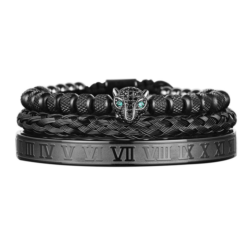 3FS23pcssetClassicalHandmadeBraidingBraceletHipHopMenPaveCZLeopardHeadRomanNumeralBra