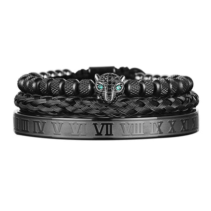 3FS23pcssetClassicalHandmadeBraidingBraceletHipHopMenPaveCZLeopardHeadRomanNumeralBra