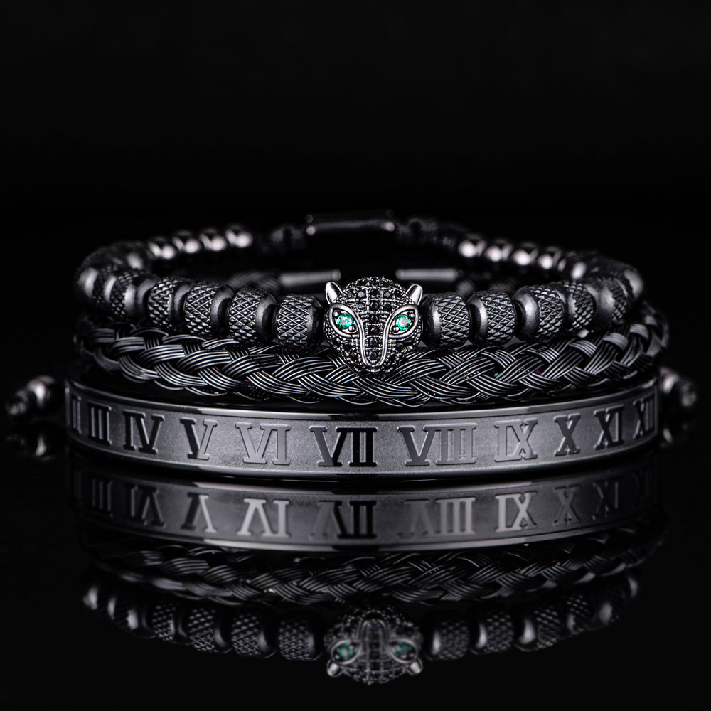 EOsF3pcssetClassicalHandmadeBraidingBraceletHipHopMenPaveCZLeopardHeadRomanNumeralBra