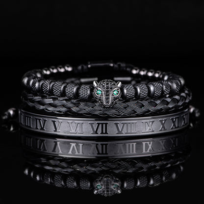 EOsF3pcssetClassicalHandmadeBraidingBraceletHipHopMenPaveCZLeopardHeadRomanNumeralBra