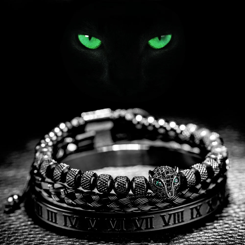 CaMW3pcssetClassicalHandmadeBraidingBraceletHipHopMenPaveCZLeopardHeadRomanNumeralBra