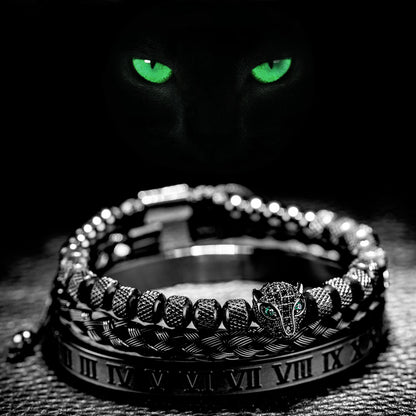 CaMW3pcssetClassicalHandmadeBraidingBraceletHipHopMenPaveCZLeopardHeadRomanNumeralBra
